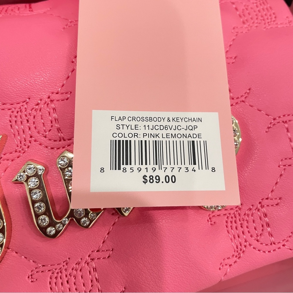 NEW Juicy Couture Pink Quilted Crossbody Bag Rhinestone Logo Mirror Keychain Set - Picture 9 of 12